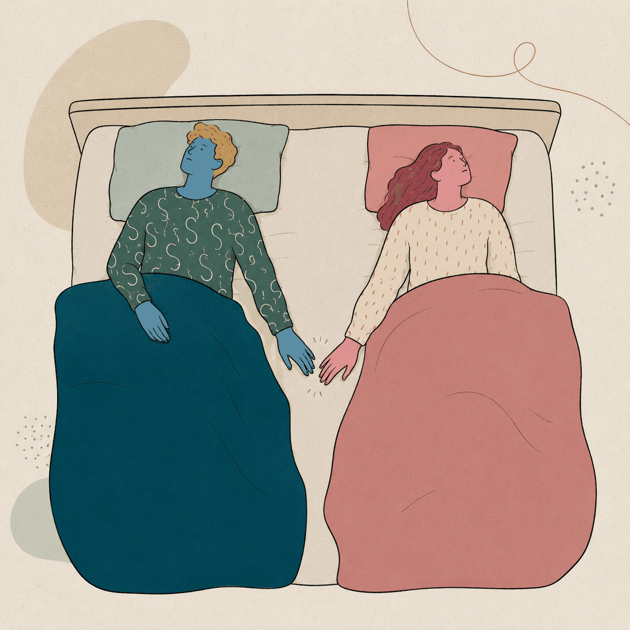 A couple lying awake in bed, turned away from each other, hands almost touching