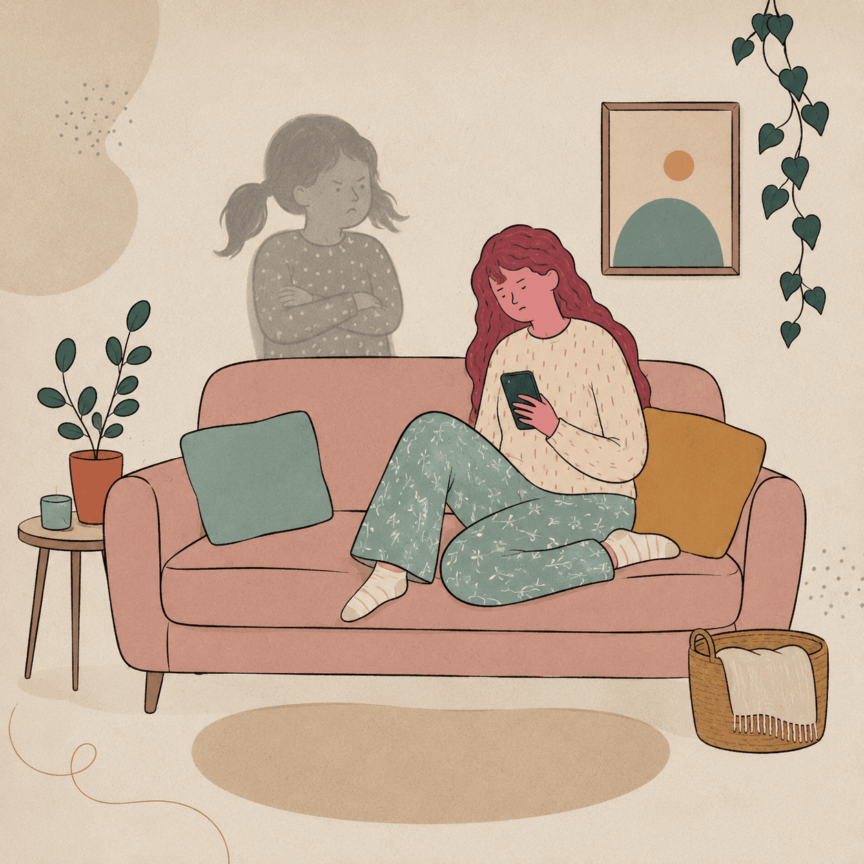 A woman on a sofa looking at her phone, the shadow of her partner standing arms-crossed behind her