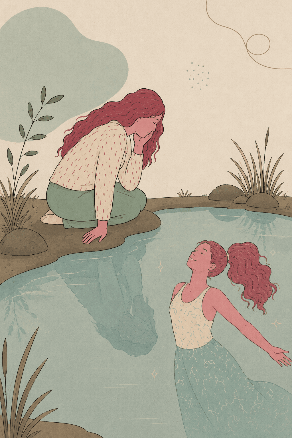 A woman at the edge of a glowing pond, her reflection reaching toward floating orbs of light — her inner landscape made visible