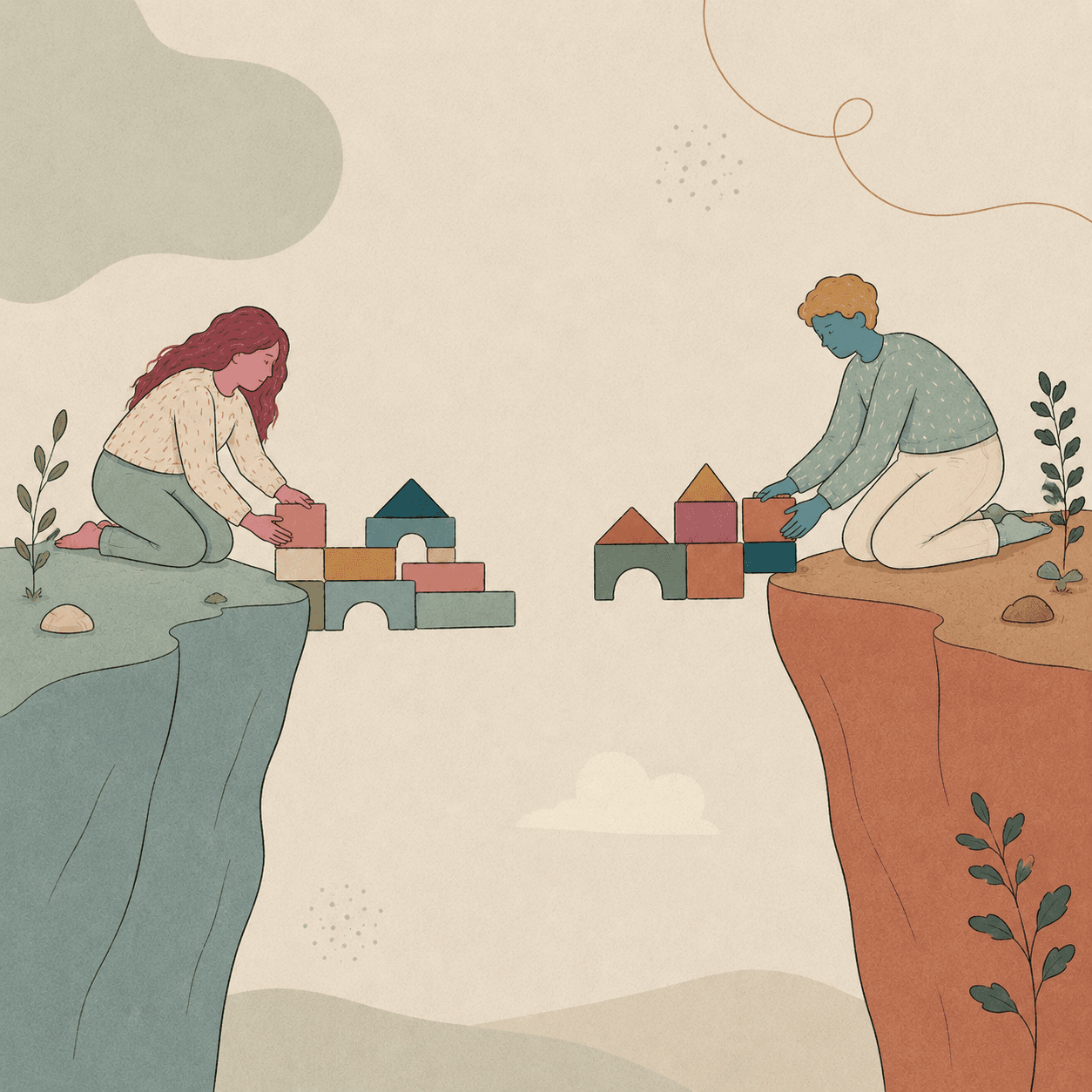 Two people building a stone bridge toward each other across a gap, above calm water