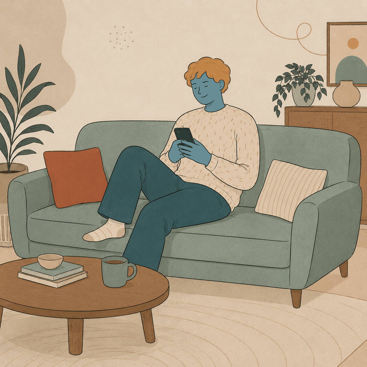 A man relaxed on the sofa using Touly on his phone, his partner visible in the kitchen beyond — a warm, connected thread between them