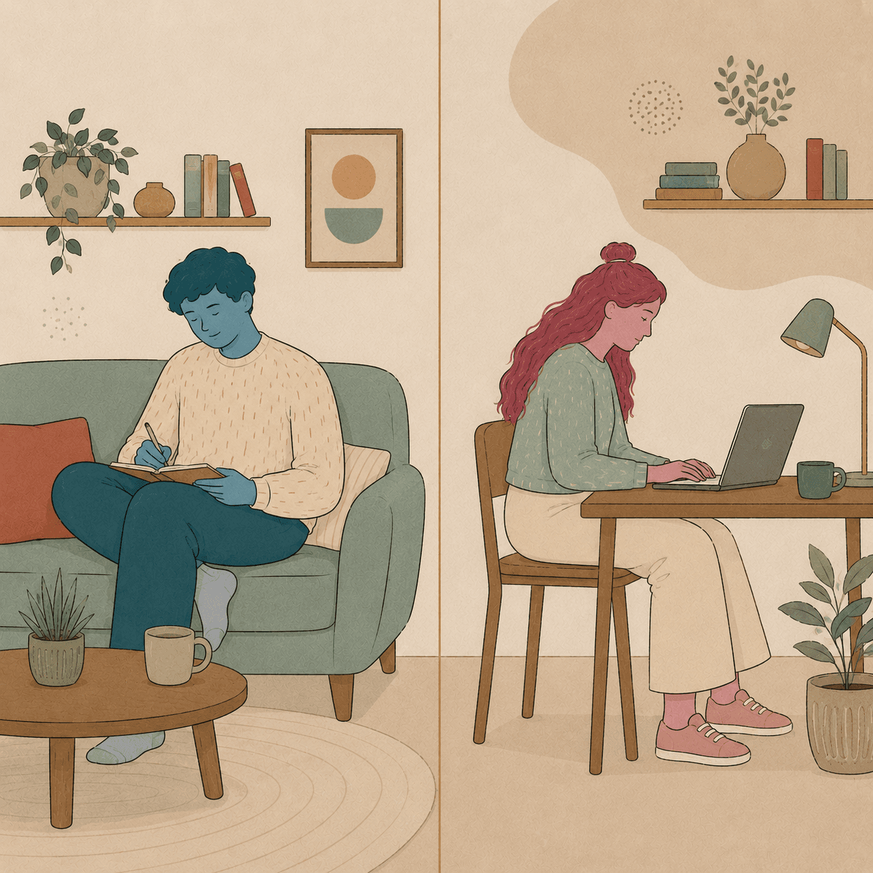Two people working alone at night in separate rooms, a glowing thread connecting them through the wall