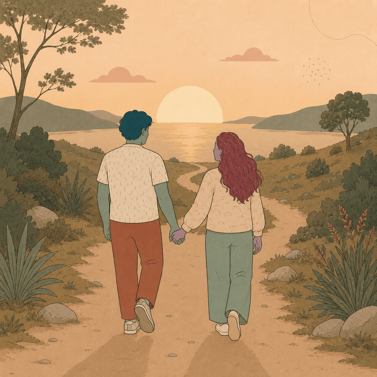 A couple walking a sunlit path together, their shadows intertwining into a single braided form behind them